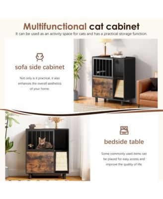 Black Vintage Cat Feeding Station – Locker with Storage & Built-in Cat Scratching Board