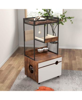 Cat Litter Box Enclosure with Cat Tree Tower – 2-in-1 Hidden Cat Furniture Cabinet
