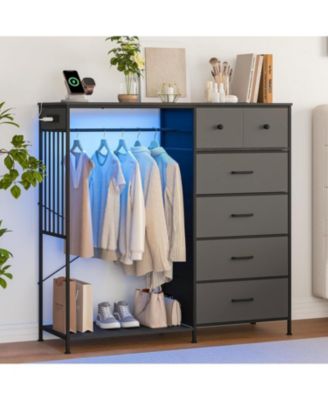 Dresser with Hanging Rack, Reversible 6 Drawers Dresser with Led Lights & Charging Station, Fabric Closet Dressers & Chest of Drawers