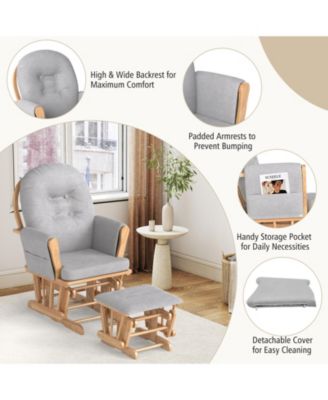Wood Glider and Ottoman Set with Padded Armrests and Detachable Cushion