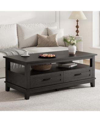 Farmhouse Coffee Table with Drawers, Center Table Rustic Coffee Tables Living Room Table, with Open Shelf and 6 Support