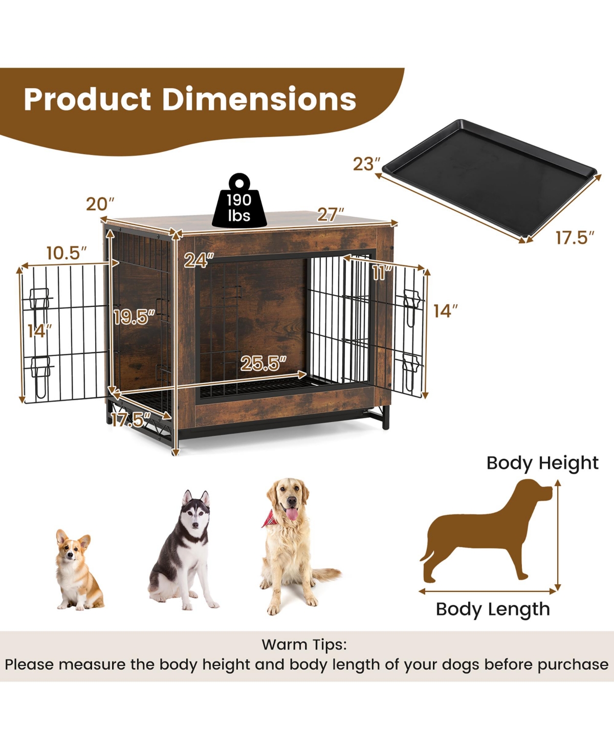 Gymax Industrial Dog Crate Furniture Heavy-duty Kennel Cage w/ 3 Chew-proof Walls