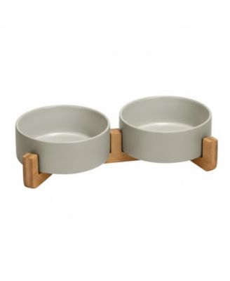 Ceramic Dog Cat Bowl Set with Wooden Stand Modern Weighted Food Water