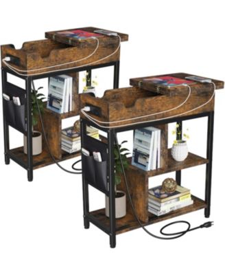 Side Table with Charging Station, Rustic Brown End Table with Flip Top, USB Ports & Outlets, Narrow Nightstand with Storage Shelf for Small