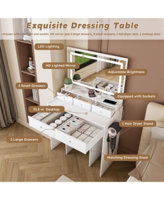Large Mirror Makeup Vanity Set with Power Outlet Hair Dryer Holder 5 Drawers 3 Lighting Modes Dressing Table for Bedroom