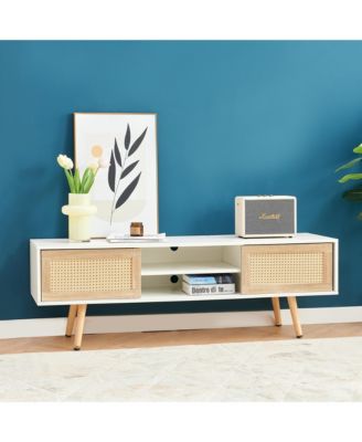 Rattan Coffee Table - Double Sliding Doors for Storage, Adjustable Shelf, Solid Wood Legs for Living Room