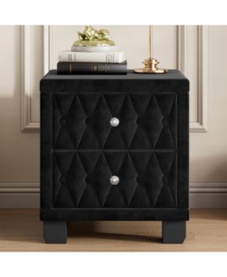 Elegant Velvet Nightstand with 2 Drawers Crystal Handle Button Tufted Bedroom Storage Table