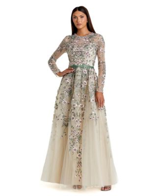 Women's Long Sleeve Floral Embellished A-Line Gown