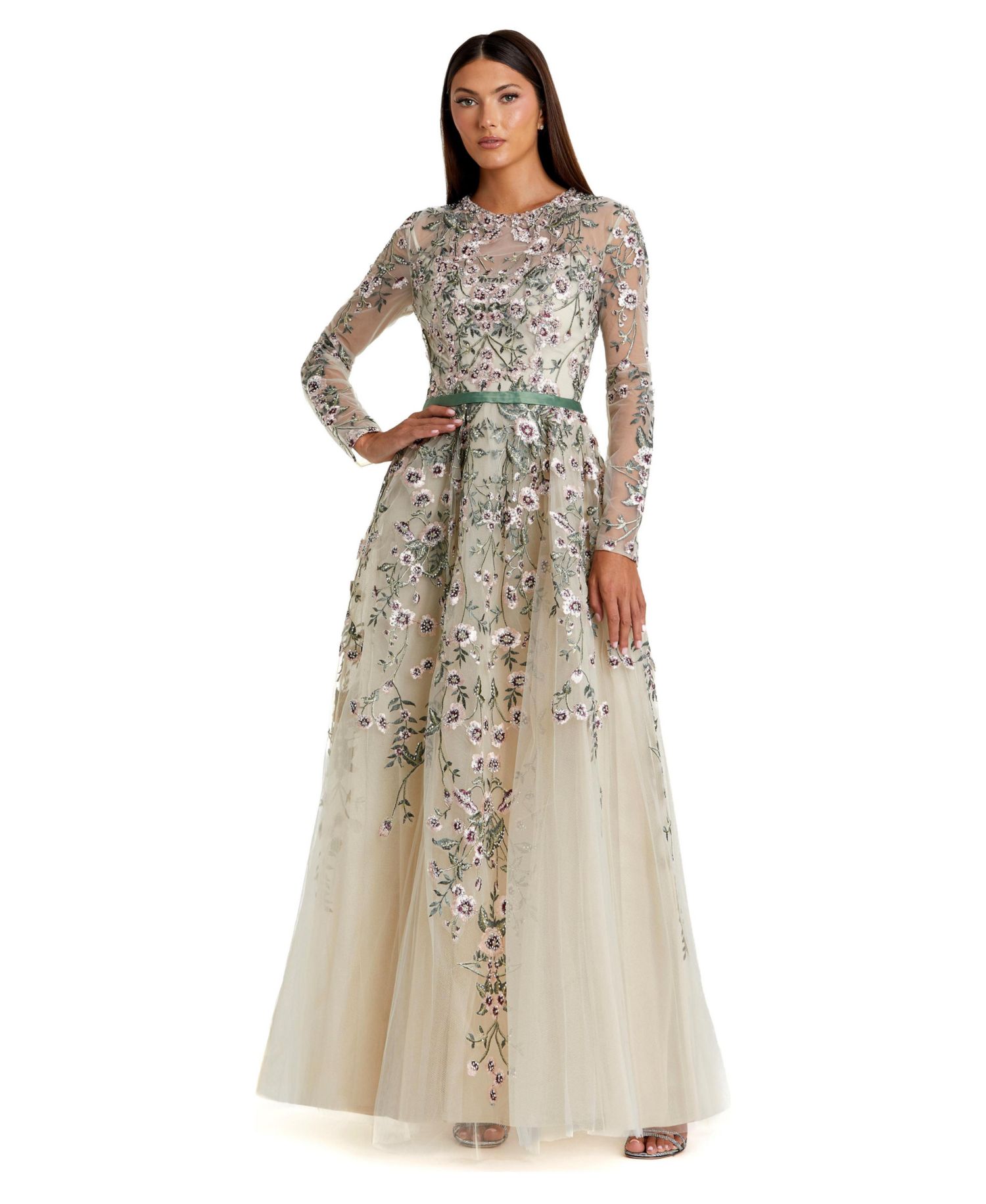 Women's Long Sleeve Floral Embellished A-Line Gown