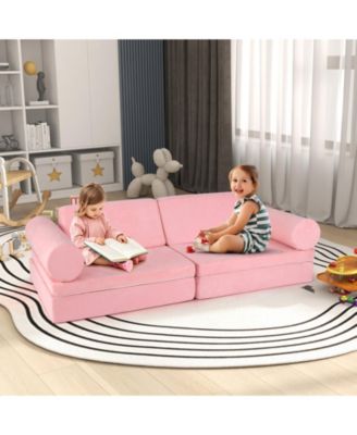 8 Pieces Kids Play Couch Foam Building Fort Play Set with Suede Cover-Pink