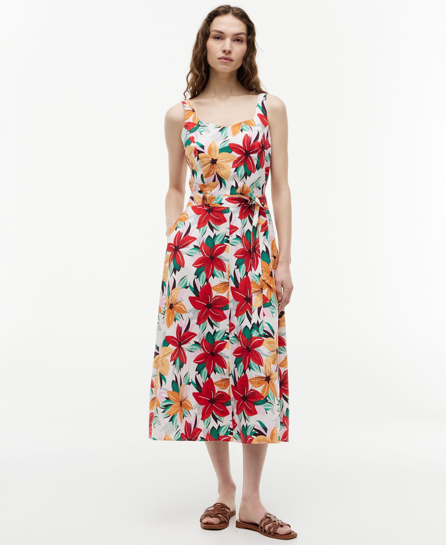 Women's Printed Belted Midi Dress