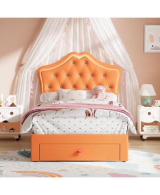 Twin Bed Frame with LED Lights Velvet Crystal Button Headboard Storage Drawer No Box Spring