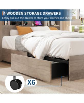 Queen Bed Frame with Bookcase Headboard 4 Drawers Charging Station No Box Spring Noise Free