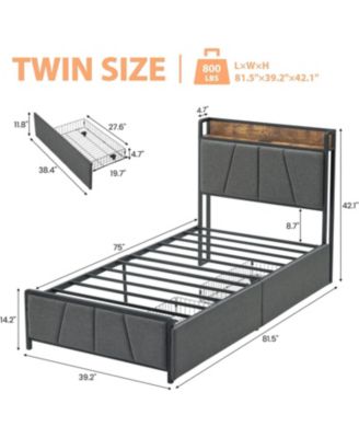 Bed Frame with 2 Drawers Charging Station Rustic Linen Upholstered No Box Spring Needed