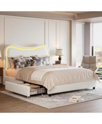 Twin LED Upholstered Platform Bed for Kids, 2 Drawers, Storage Headboard, Sturdy Wood Slats, Noise-Free