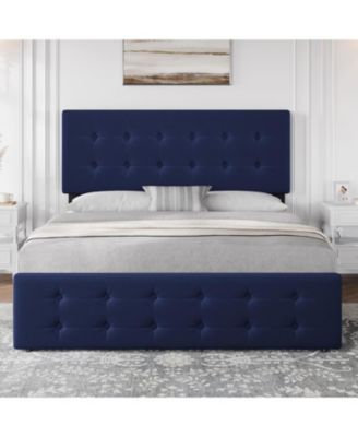Platform Bed Frame with 4 Storage Drawers, Velvet Tufted Headboard, Wooden Slats No Box Spring