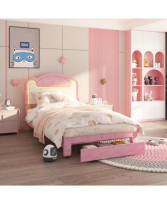 Twin Upholstered Bed Frame with LED and Storage Drawers, Fabric Headboar, Princess Design