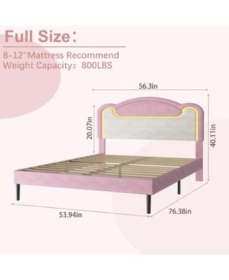 Full Upholstered Platform Bed with LED and Fabric Headboard, Princess Style, Wood Slats