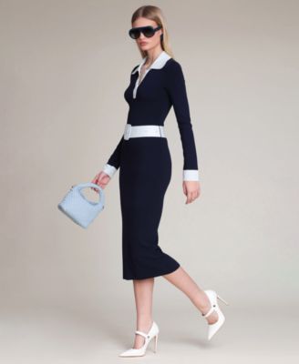 Women's Belted Polo Midi Sweater Dress