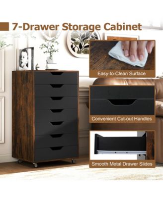 Seven Drawer Wooden Storage Dresser with Lockable Wheels