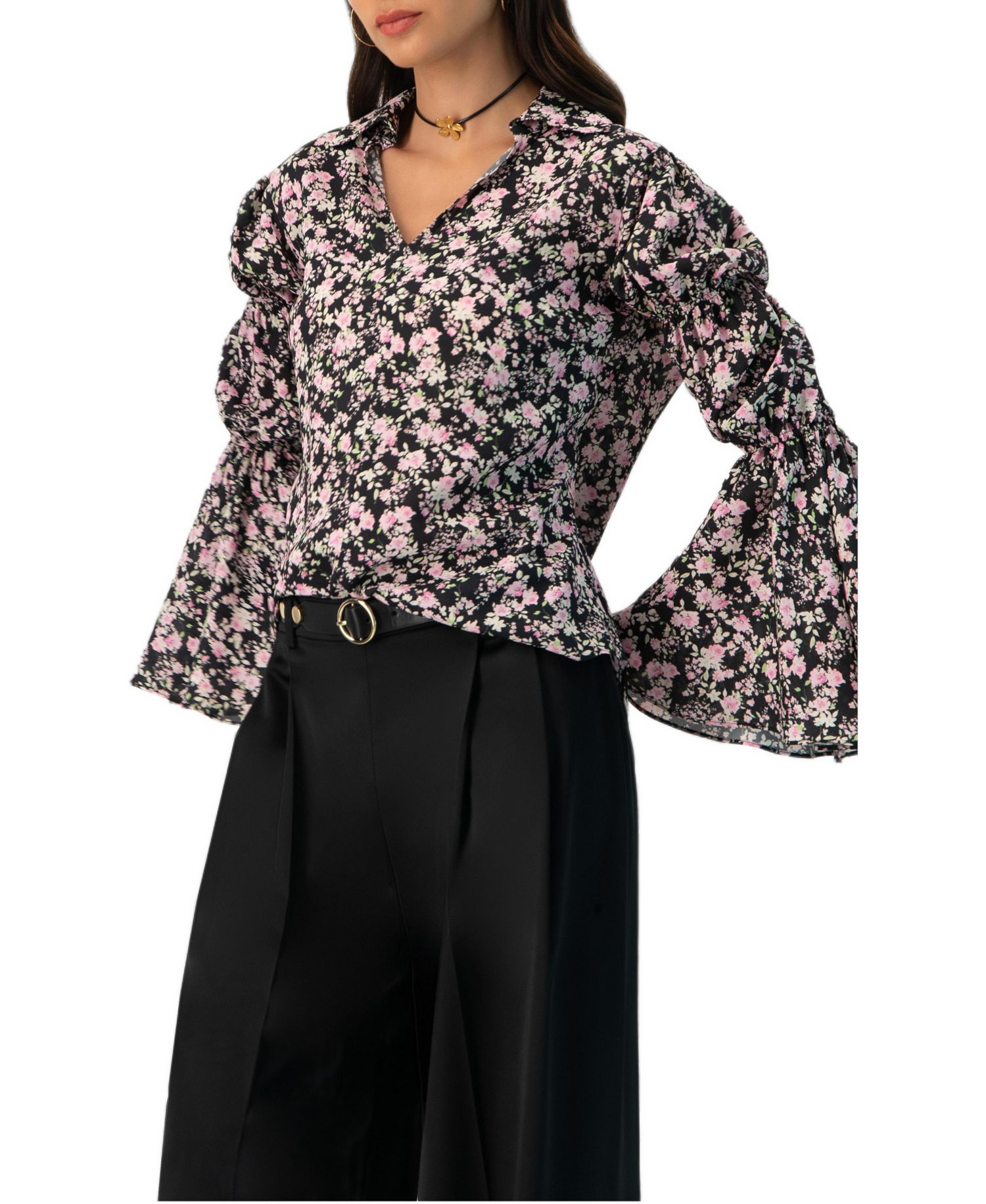 Women's Collared Long Sleeve Floral Print Blouse