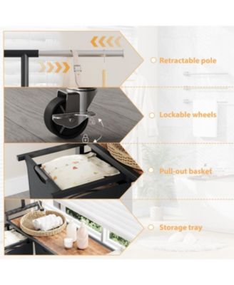 Rolling Laundry Sorter Hamper 4 Section Basket with Hanging Rack Plus Wheels Organizer for Laundry Room Rustic