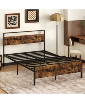 Industrial Metal Platform Bed with Wooden Headboard