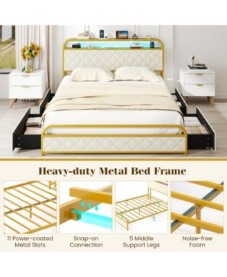 Platform Bed Frame with LED Lights and Charging Station