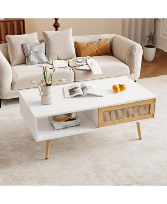 Rattan Coffee Table, Rectangle Wooden Center Tables with Sliding Door and Solid Wood Legs for Living Room, Home Office