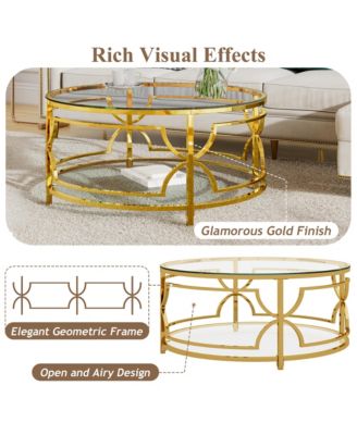 Round Tempered Glass Coffee Table, Modern 2-Tier Center Table, Luxurious Geometric Metal Frame for Living Room, Transparent