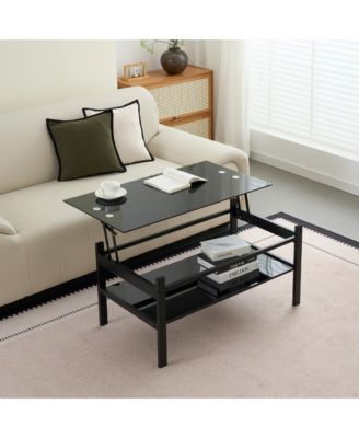 Glass Lift Top Coffee Table - Modern Simple 2-Layer Center Table for Living Room, Home Office
