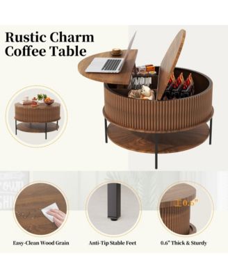 31.5" Farmhouse Lift Top Coffee Table - Round Center Table with Dual-Level Storage and Hidden Compartment for Living Room, Home Office