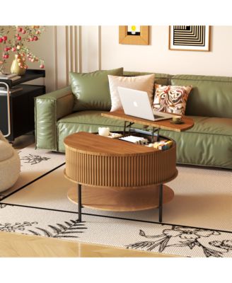 31.5" Farmhouse Lift Top Coffee Table - Round Center Table with Dual-Level Storage and Hidden Compartment for Living Room, Home Office