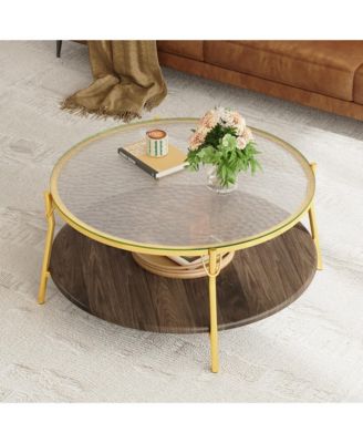 Modern Round Walnut 2-Tiered Coffee Table - Glass Top, Gold Base, Center Table for Living Room