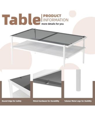 Rectangle 2 Tier Coffee Table, Center Table with Gray Tempered Glass Top and Wood Storage Shelf for Living Room, Small Space