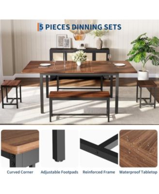 63" Extendable Dining Table Set, Includes 2 Benches & 2 Stools, Modern Table for 8, Easy Assembly