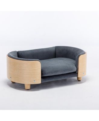 Mid-Century Wooden Pet Bed with Light Velvet Cushion