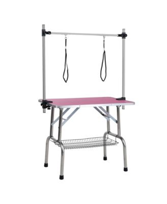 36" Pink Folding Pet Grooming Table with Stainless Steel Frame and Adjustable Arm