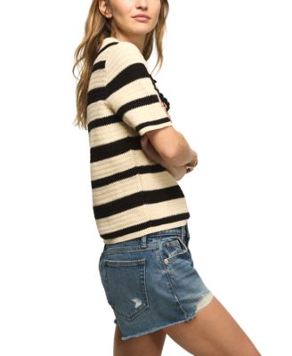 Women's Short-Sleeve Striped Polo Sweater