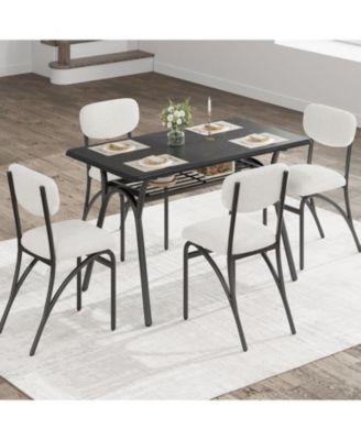 5-Piece Dining Table Set for 4, Rectangular Table with Storage Rack, Boucle Dining Chairs