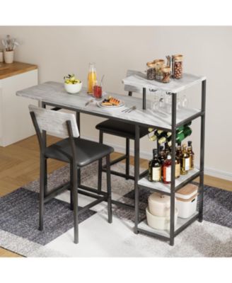 Expandable Dining Table Set for 2, Bar Table and Chairs with Shelves & Wine Rack, Space-Saving Kitchen Set