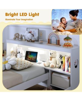 Bed Frame with LED Lights and Bookcase Headboard
