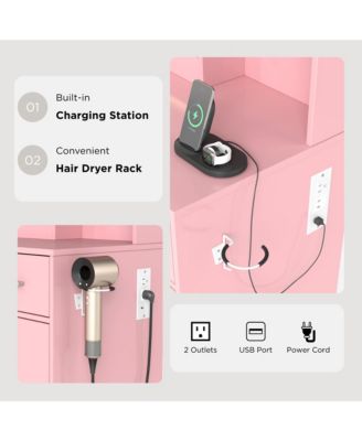 Makeup Vanity Table with LED Light Mirror, Charging Station, 2 Drawers and Storage Cabinet, Dressing Table Set with Stool for Bedroom