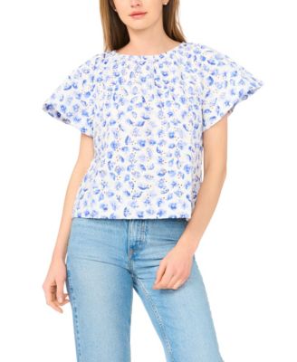 Women's Floral Ruffle-Sleeve Crewneck Cotton Top