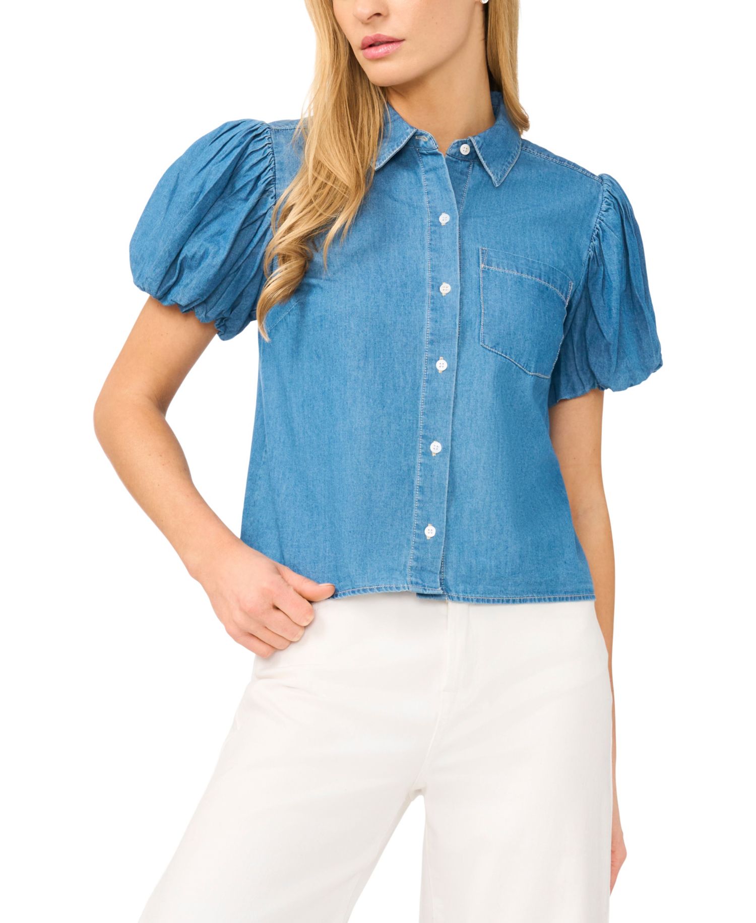 Women's Collared Puff-Sleeve Button-Up Cotton Top
