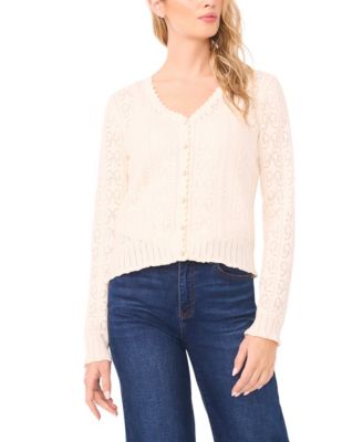 Women's V-Neck Pointelle Cotton Cardigan Sweater