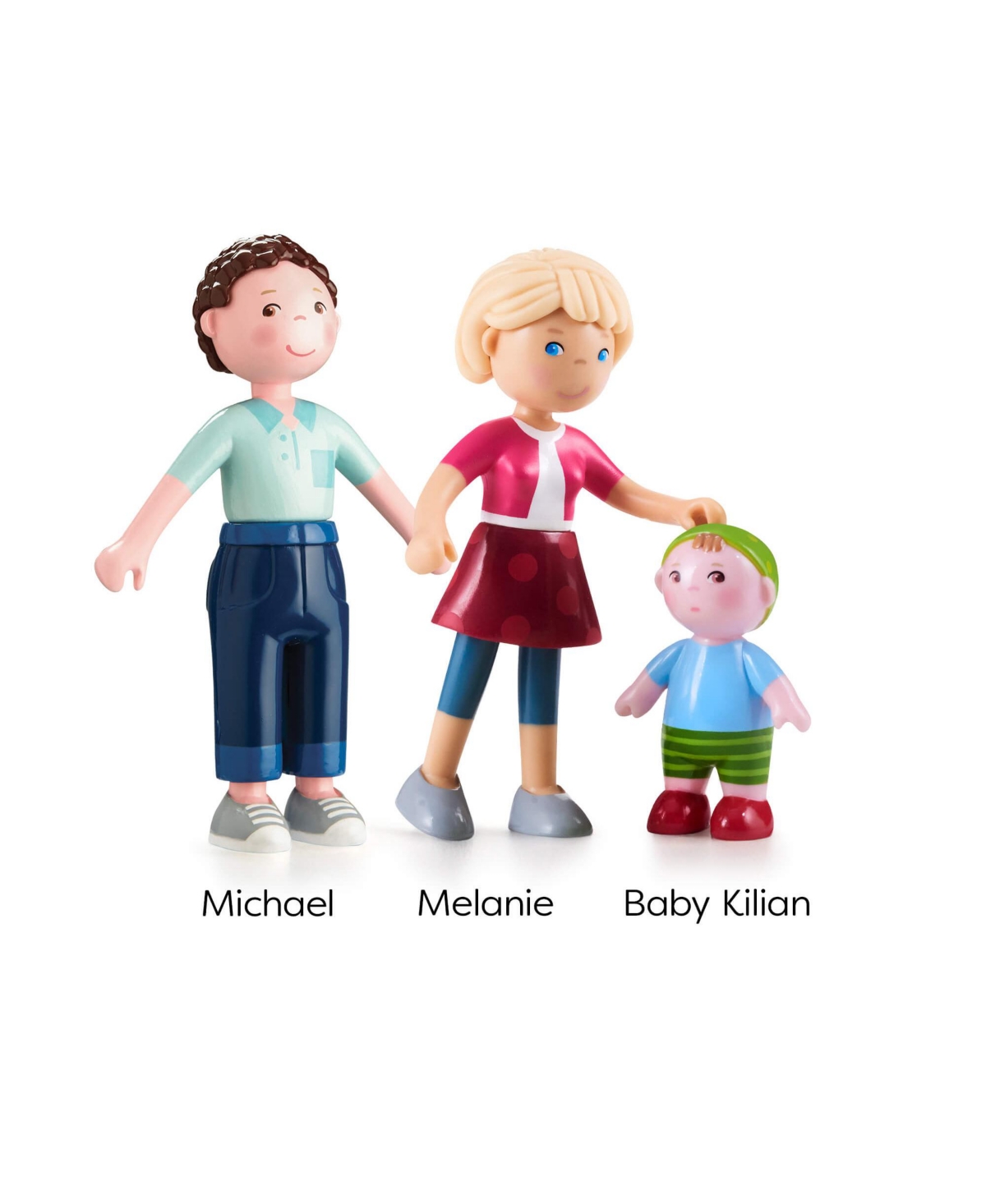 Haba Little Friends Family Bundle – Set of 3 Dollhouse People Figures for Ages 3+, Flexible Plastic Mini Dolls for Pretend Play