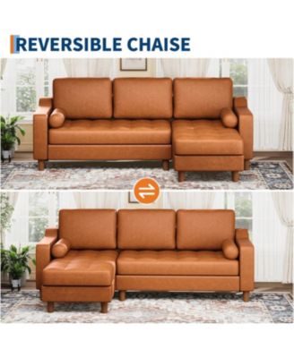 88.9" L-Shaped Leather Sofa with Chaise, Mid-Century Modern 3-Seater Couch