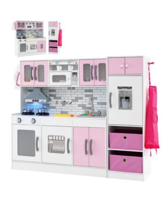 2 Piece Wooden Kids Play Kitchen Set with Refrigerator Sink Stove and Realistic Lights and Sounds