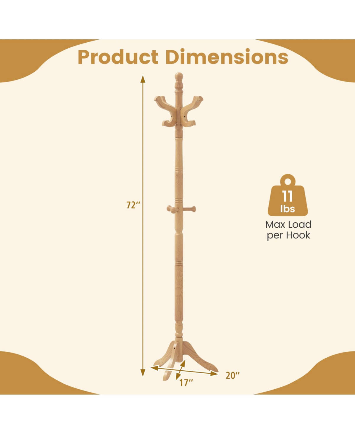 Sugift Solid Wood Hall Tree with Multiple Hooks and Height Options